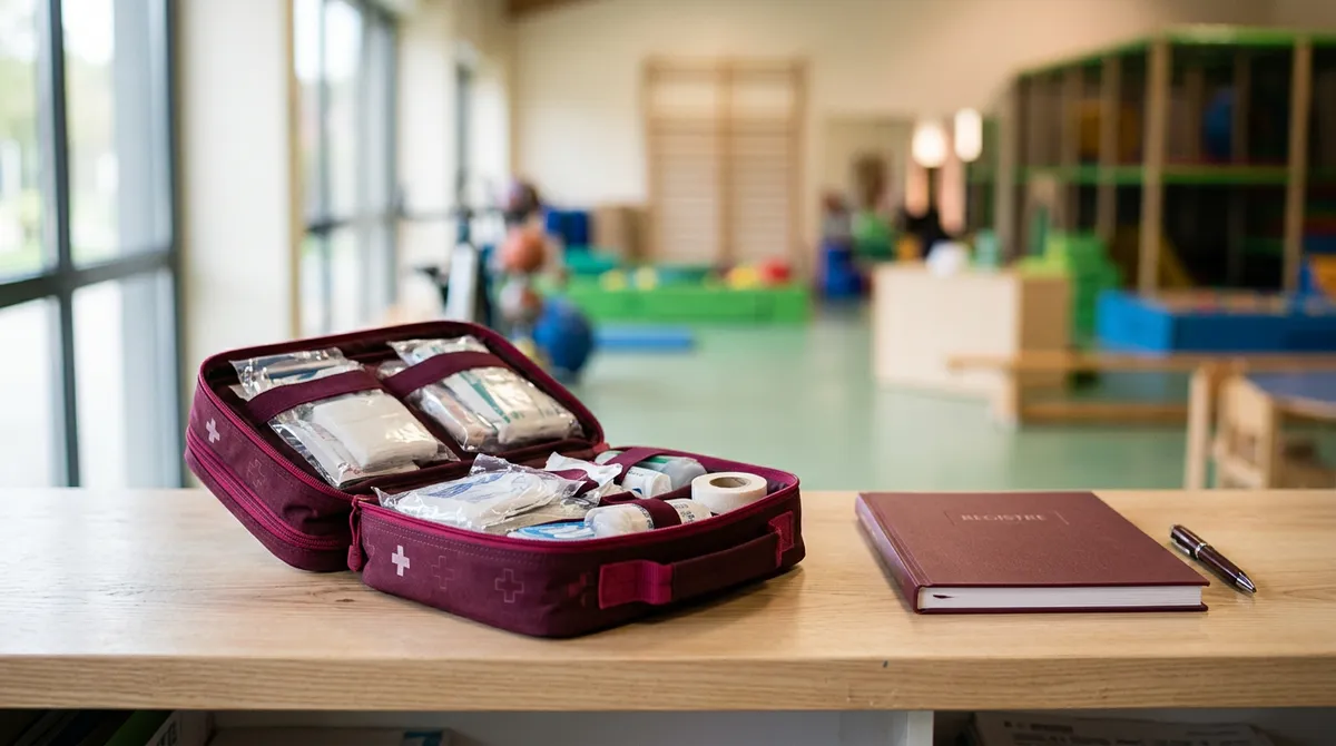 Trousse de premiers secours ouverte sur le comptoir d'un établissement de loisir
