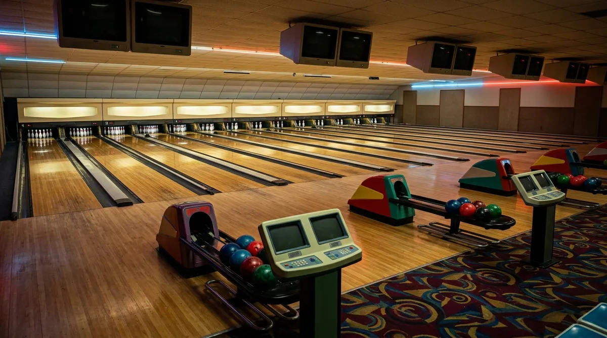 Rangée de pistes de bowling avec quilles au fond et éclairage tamisé