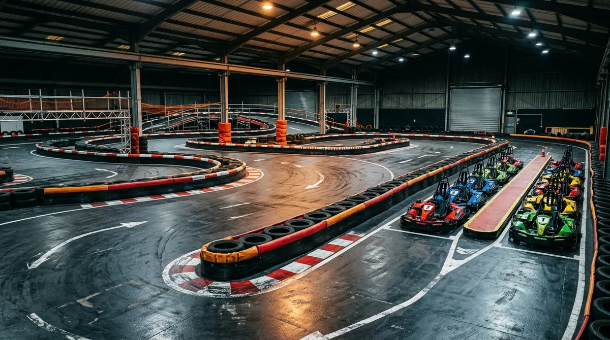 Piste de karting indoor avec karts alignés et rails de sécurité en pneus