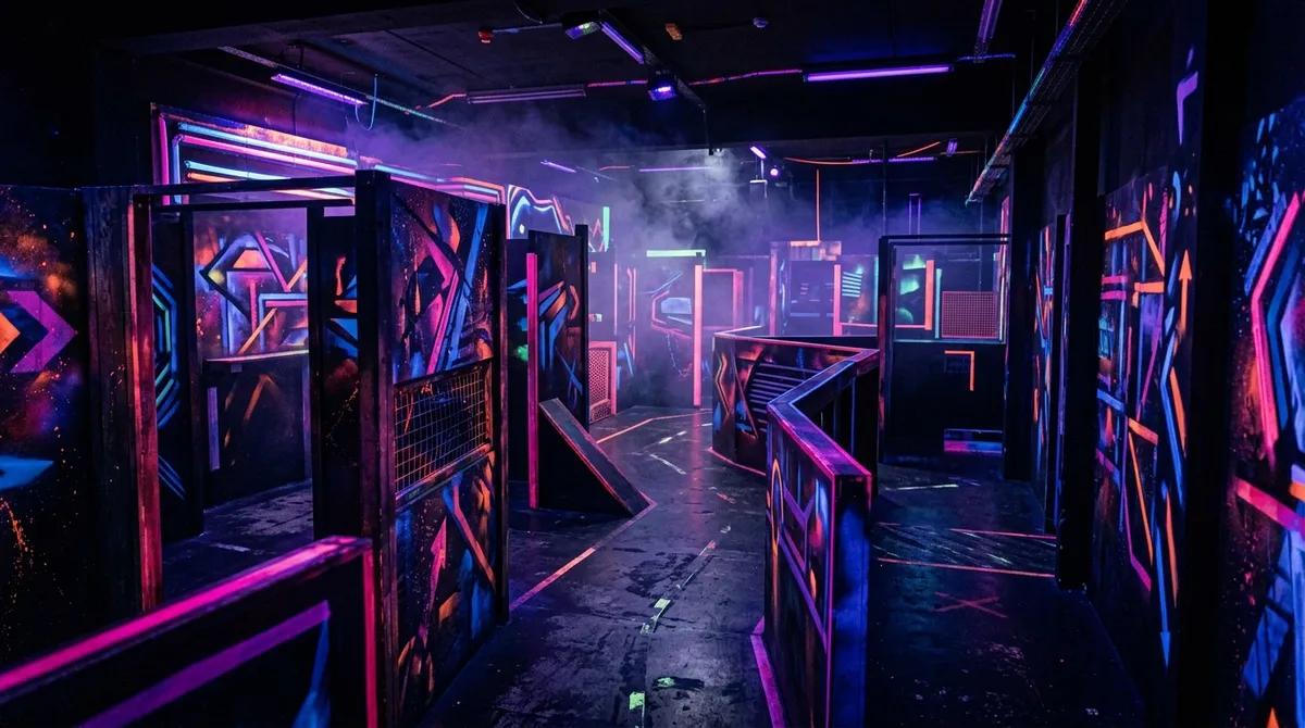 Arène de laser game plongée dans la pénombre avec structures et lumières colorées