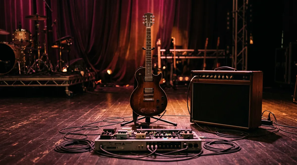 Guitare et matériel de scène posés près d'un ampli avant un concert
