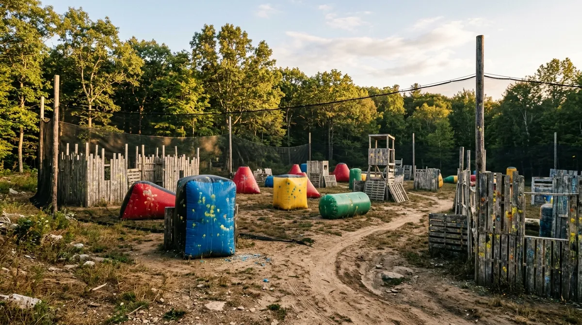 Terrain de paintball extérieur avec obstacles gonflables et bunkers de protection