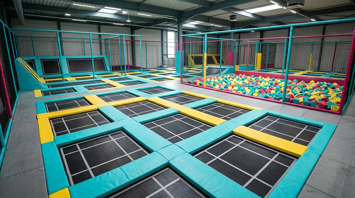Plateau de trampolines indoor interconnectés avec zones de saut délimitées