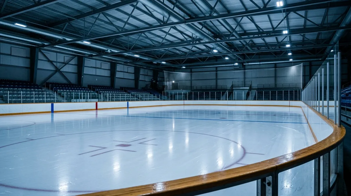 Piste de patinoire intérieure avec glace lisse, rambardes et éclairage de hangar