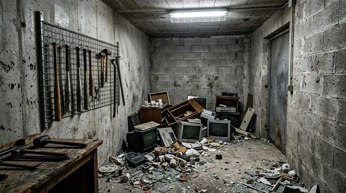 Salle de rage room avec murs bruts, objets à casser et outils accrochés au mur
