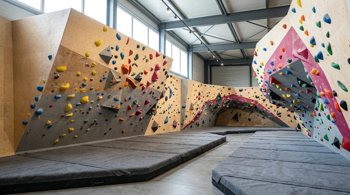 Mur d'escalade de bloc coloré avec prises et épais tapis de réception au sol