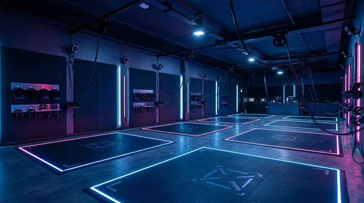 Espace de jeu en réalité virtuelle avec zones délimitées au sol et casques VR sur supports