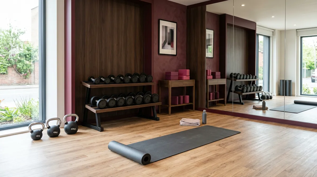 Espace de coaching sportif avec haltères et tapis prêt pour une séance individuelle