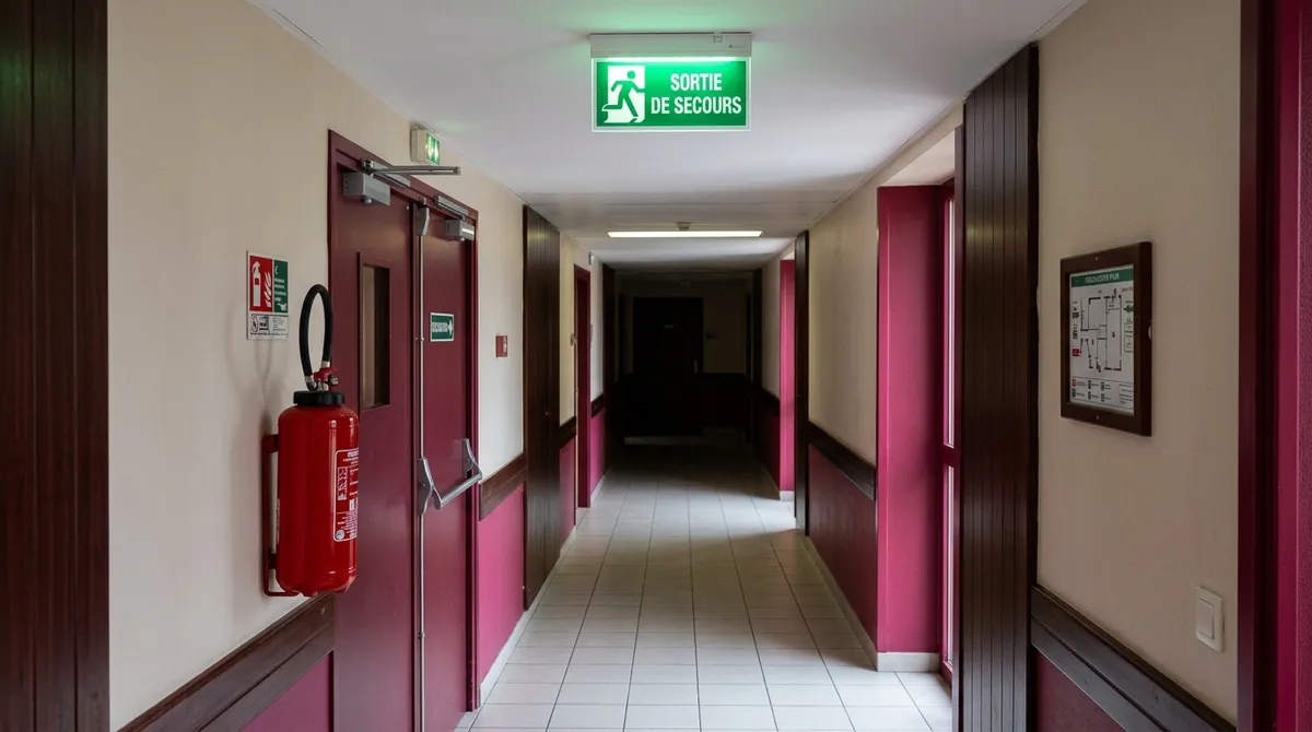 Bloc de sécurité issue de secours et extincteur dans le couloir d'un établissement recevant du public