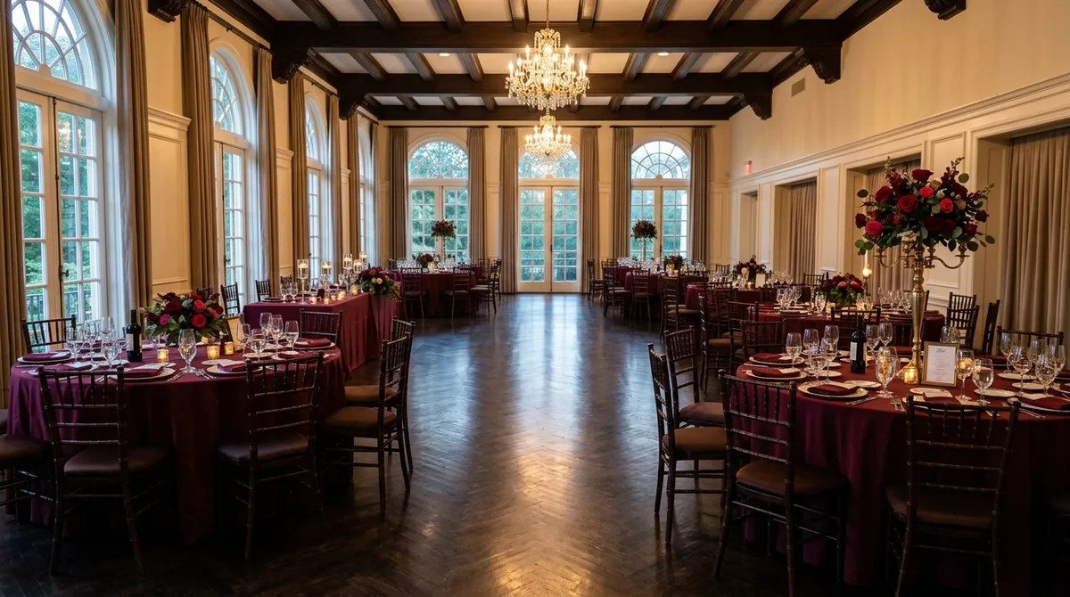 Salle des fêtes dressée avec tables rondes et chaises avant la remise des clés