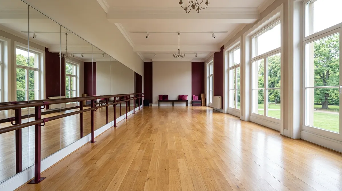 Studio de danse avec parquet, barres et mur de miroirs, prêt pour un cours