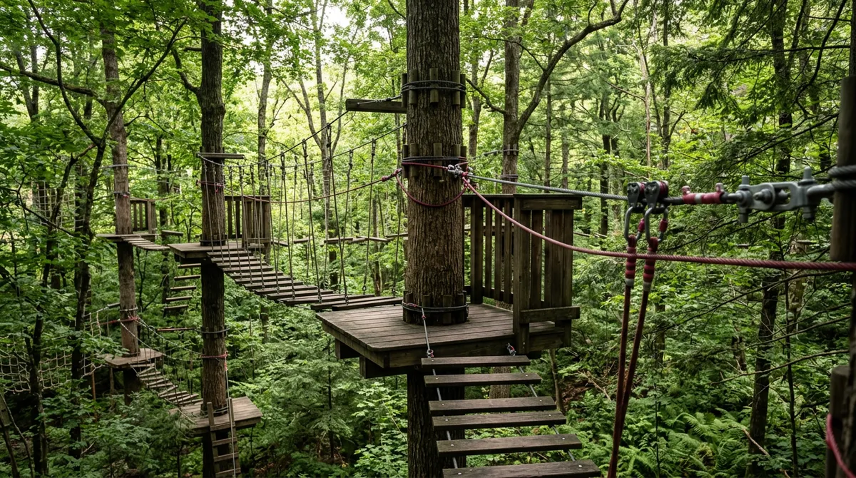 Parcours acrobatique en hauteur dans les arbres avec plateformes, câbles et ligne de vie